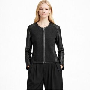 Wool & Leather Zip Front Jacket in Black